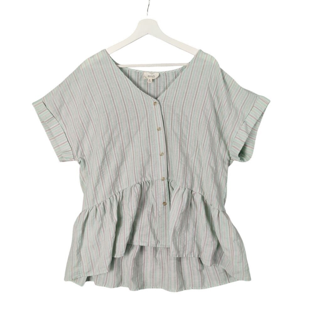 Perch Women Boho Coastal Peplum Top 2XL Mint Green Striped Button Up Blouse